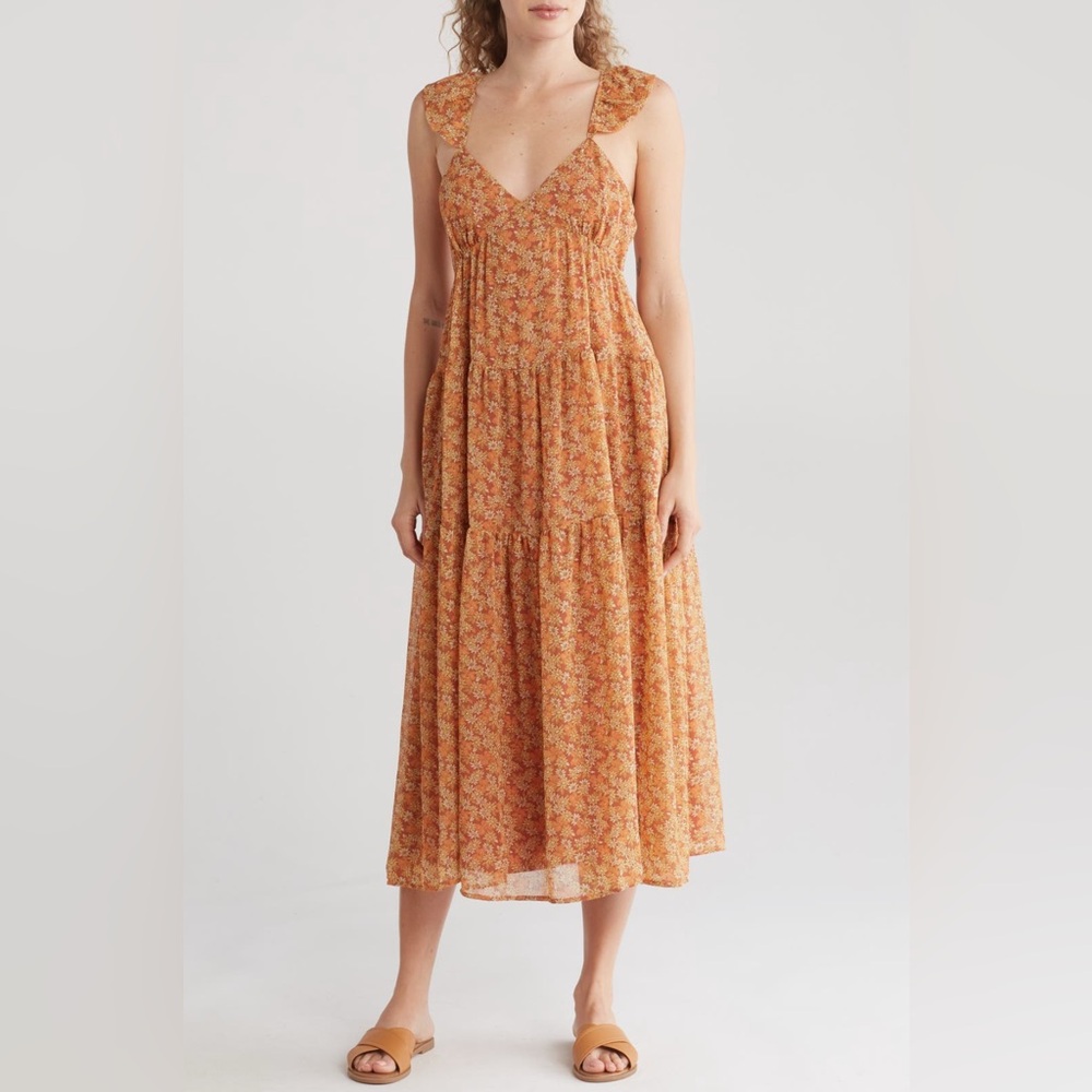 NWT! MADEWELL Pocketed Floral Georgette Ruffle Sleeve Tiered Flowy Midi Dress